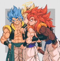 absurdres biceps black_wristband blue_eyes blue_sash body_fur dragon_ball dragon_ball_gt dragon_ball_super dragonball_z gogeta halo highres male_focus metamoran_vest monkey_boy monkey_tail multiple_persona muscular muscular_male no_nipples pants pectorals red_hair relio_db318 sash simple_background smile spiked_hair super_saiyan super_saiyan_1 super_saiyan_4 super_saiyan_blue tail veins veiny_hands white_pants