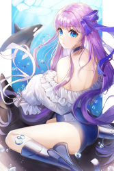 Rule 34 | 1girl, absurdres, air bubble, armor, ass, back, bare shoulders, blue eyes, blue ribbon, blush, breasts, bubble, choker, collarbone, fate/grand order, fate (series), frills, greaves, hair ribbon, highleg, highleg swimsuit, highres, long hair, long sleeves, looking at viewer, looking back, meltryllis, meltryllis (fate), meltryllis (swimsuit lancer) (fate), meltryllis (swimsuit lancer) (second ascension) (fate), ocean, off-shoulder one-piece swimsuit, off shoulder, one-piece swimsuit, orca, prosthesis, prosthetic leg, puffy sleeves, purple hair, ribbon, riding, sleeves past fingers, sleeves past wrists, small breasts, solo, swimsuit, thighs, underwater, very long hair, white ribbon, yulmung ym