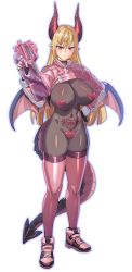 Rule 34 | 1girl, assault rifle, black gloves, blonde hair, blush, bodystocking, bow (bhp), breasts, closed mouth, dragon horns, dragon tail, dragon wings, fingerless gloves, fn p90, full body, gloves, gun, hand on own hip, heart maebari, heart pasties, high tops, horns, huge breasts, long hair, long sleeves, looking at viewer, maebari, navel, original, pasties, pink thighhighs, pubic tattoo, red eyes, rifle, shoes, shrug (clothing), simple background, skindentation, smile, sneakers, solo, tail, tattoo, thighhighs, weapon, white background, wings