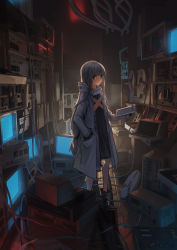 Rule 34 | 1girl, 3d background, black dress, black eyes, cable, closed mouth, coat, commentary, computer, dark, dress, full body, grey footwear, grey hair, hand in pocket, highres, holding, indoors, keyboard (computer), light particles, long hair, long sleeves, looking at viewer, low-tied long hair, machinery, mixed media, monitor, open clothes, open coat, original, industrial pipe, screen, shoes, solo, standing, white coat, xiaomai yorik