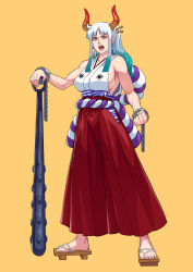Rule 34 | 1girl, absurdres, aqua hair, bare arms, bare shoulders, breasts, chain, cirenk, clenched hand, club, club (weapon), commission, cuffs, curled horns, earrings, full body, geta, hair ornament, hair stick, hakama, hakama pants, hakama skirt, hand on hilt, high ponytail, highres, horns, japanese clothes, jewelry, kanabou, kataginu, large breasts, long hair, looking at viewer, multicolored hair, multicolored horns, one piece, oni, open mouth, orange horns, pants, parted bangs, planted, red horns, rope, serious, shackles, shimenawa, sideboob, sidelocks, simple background, skirt, solo, standing, toenails, toes, two-tone hair, weapon, white hair, yamato (one piece), yellow background, yellow eyes, yellow horns