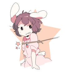 Rule 34 | 1girl, animal ears, black hair, carrot necklace, caught, dress, inaba tewi, koukou (climacool), necklace, pink dress, rabbit ears, rabbit girl, rabbit tail, rope, short hair, short sleeves, solo, star (symbol), tail, touhou, white background