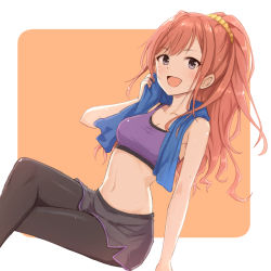 Rule 34 | 1girl, ahoge, arm support, bare arms, bare shoulders, black pantyhose, black shorts, blush, breasts, character check, cleavage, collarbone, crossed legs, dolphin shorts, drying, dutch angle, feet out of frame, hair ornament, hair scrunchie, hand up, holding, holding towel, idolmaster, idolmaster cinderella girls, long hair, looking at viewer, medium breasts, mugi (banban53), navel, orange background, pantyhose, pantyhose under shorts, purple eyes, red hair, scrunchie, shiina noriko, short shorts, shorts, side slit, sitting, solo, sportswear, stomach, sweat, towel, towel around neck, two-tone background