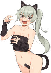 Rule 34 | 1girl, absurdres, anchovy (girls und panzer), animal ears, breasts, cat ears, cat girl, cat lingerie, cat tail, cowboy shot, embarrassed, girls und panzer, green hair, highres, light blush, meme attire, paw pose, ponytail, red eyes, sattinittas, small breasts, tail, white background
