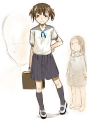 Rule 34 | 2girls, bag, black socks, briefcase, brown eyes, brown hair, child, full body, holding, kneehighs, looking at viewer, mary janes, multiple girls, school bag, school briefcase, school uniform, serafuku, shirt, shoes, short sleeves, short twintails, simple background, sketch, socks, sody, standing, twintails, white background, white shirt