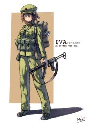Rule 34 | 1girl, bad id, bad pixiv id, blue eyes, brown hair, china, gun, hat, magazine (weapon), ammunition pouch, military, military hat, military uniform, people&#039;s liberation army, pps, pps-43, siqi (miharuu), solo, star (symbol), submachine gun, uniform, weapon