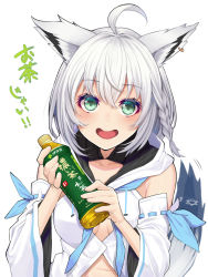 Rule 34 | 1girl, ahoge, animal ear fluff, animal ears, bare shoulders, blush, bottle, braid, breasts, collarbone, commentary request, earrings, fox ears, fox girl, fox tail, green eyes, hair between eyes, highres, holding, holding bottle, hololive, jewelry, long hair, looking at viewer, medium breasts, mikan (chipstar182), open mouth, pentagram, shirakami fubuki, shirakami fubuki (1st costume), silver hair, simple background, smile, solo, tail, translation request, virtual youtuber, white background