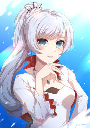 Rule 34 | 1girl, absurdres, blue eyes, blush, breasts, cowboy shot, earrings, grey hair, hand on own hip, high ponytail, highres, jewelry, long sleeves, looking at viewer, necklace, ponytail, rwby, s-masa 7131, scar, scar across eye, smile, snow, solo, weiss schnee, wide sleeves
