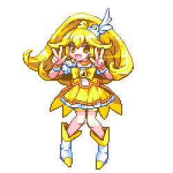 Rule 34 | 10s, 1girl, :d, bad id, bad pixiv id, blonde hair, boots, bow, cure peace, double v, hair flaps, kise yayoi, kou 2008, lowres, magical girl, open mouth, pixel art, precure, shorts, shorts under skirt, skirt, smile, smile precure!, solo, v, white background, wide ponytail, yellow bow, yellow eyes, yellow skirt, yellow theme
