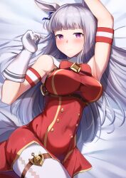 Rule 34 | 1girl, absurdres, animal ears, arm up, armband, armpits, bare shoulders, bed, blush, bow, breasts, buttons, commentary request, double-breasted, dress, ear bow, gloves, gold ship (umamusume), grey hair, highres, horse ears, horse girl, large breasts, long hair, no headwear, on bed, pantyhose, purple bow, purple eyes, red dress, solo, thigh strap, tsujiya okuyasu, umamusume, white gloves, white pantyhose