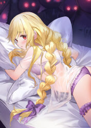 Rule 34 | 1girl, ass, bed, bed sheet, blonde hair, blush, bra, braid, breasts, hair ribbon, highres, hugging object, lingerie, little witch nobeta, long hair, looking at viewer, lying, nobeta, official art, on bed, on stomach, panties, pillow, pillow hug, purple bra, purple panties, red eyes, ribbon, see-through, small breasts, solo, thighs, twin braids, twintails, underwear, very long hair