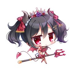 Rule 34 | 1girl, bare shoulders, big head, black hair, blush, bow, chibi, closed mouth, curled horns, demon girl, demon horns, demon tail, demon wings, elbow gloves, fishnet thighhighs, fishnets, floral print, flower, full body, gloves, grey wings, hair between eyes, hair bow, hair flower, hair ornament, hand up, horns, looking at viewer, love live!, love live! school idol festival, love live! school idol project, midriff, navel, pink flower, pink gloves, pink rose, pleated skirt, polearm, polka dot, polka dot bow, print skirt, purple flower, purple rose, red bow, red eyes, red flower, red rose, red skirt, rose, rose print, ryuuka sane, sidelocks, simple background, skirt, smile, solo, striped clothes, striped gloves, tail, thighhighs, tiara, trident, twintails, vertical-striped clothes, vertical-striped gloves, weapon, white background, wings, yazawa nico