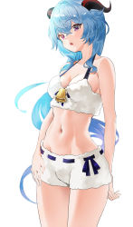 Rule 34 | 1girl, absurdres, bell, blue hair, breasts, cleavage, cowbell, cowboy shot, ganyu (genshin impact), genshin impact, goat horns, highres, horns, kian, long hair, medium breasts, navel, open mouth, pajamas, purple eyes, solo, white background