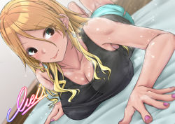Rule 34 | :p, aga marino, armpits, bare shoulders, black tank top, blonde hair, blush, breasts, brown hair, cleavage, collarbone, dutch angle, earrings, feet up, glint, gradient hair, green shorts, gyaru, idolmaster, idolmaster shiny colors, indoors, izumi mei, jewelry, large breasts, looking at viewer, lying, mat, multicolored hair, nail polish, on stomach, shiny skin, shorts, side slit, side slit shorts, signature, solo, steam, sweat, sweatdrop, tank top, tongue, tongue out