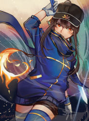 Rule 34 | 1girl, ahoge, arm up, artoria pendragon (fate), black hat, black shorts, blue scarf, blue sweater, blue thighhighs, brown hair, cosplay, cowboy shot, dutch angle, fate/grand order, fate (series), gloves, grey gloves, hair between eyes, hat, holding, holding sword, holding weapon, long hair, looking at viewer, male focus, march ab, mysterious heroine x (fate), mysterious heroine x (fate) (cosplay), oda nobukatsu (fate), red eyes, scarf, short shorts, shorts, solo, standing, sweater, sword, thighhighs, trap, twintails, weapon, zettai ryouiki
