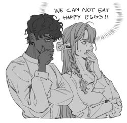 Rule 34 | ..., 1boy, 1girl, braid, closed mouth, commentary, covering own mouth, cropped torso, dark-skinned male, dark skin, dress, dungeon meshi, elf, english commentary, english text, frilled sleeves, frills, greyscale, hair ribbon, hand on own face, hand over own mouth, hand up, highres, jesuistae, kabru, long hair, long sleeves, looking to the side, marcille donato, monochrome, pants, pointy ears, ribbon, shared thought bubble, shirt tucked in, short hair, simple background, single braid, spoken ellipsis, sweat, thought bubble, white background