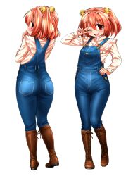 Rule 34 | 1girl, :d, alternate costume, ass, bell, blue overalls, blush, boots, breasts, brown footwear, buttons, commentary request, commission, cross-laced footwear, denim, full body, hair bell, hair between eyes, hair ornament, hand on own hip, jingle bell, lace-up boots, long sleeves, looking at viewer, motoori kosuzu, multiple views, open mouth, orange hair, overalls, pocket, red eyes, shimizu pem, shirt, short hair, simple background, skeb commission, small breasts, smile, standing, touhou, two side up, v over eye, white background, white shirt