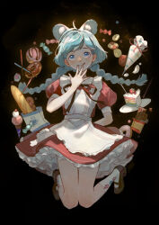 Rule 34 | 1girl, :q, absurdres, ahoge, animal ears, apron, aqua hair, argyle, argyle clothes, argyle legwear, arm behind back, bag, baguette, berry, black background, black ribbon, blue eyes, blush, braid, bread, brown footwear, cake, cake slice, candy, checkerboard cookie, cherry, chocolate, chocolate bar, chocolate doughnut, chocolate syrup, commentary, cookie, dated commentary, doughnut, dress, floating hair, food, food request, frilled dress, frills, fruit, full body, glowing, hand up, hidari (nanmu-left), highres, ice cream, ice cream cone, jumping, knees together feet apart, licking lips, light particles, long hair, looking at viewer, low twin braids, mary janes, mouse ears, mouse girl, neck ribbon, open hand, original, paper bag, pastry bag, plate, puffy short sleeves, puffy sleeves, red dress, red ribbon, ribbon, sash, shoes, short sleeves, simple background, socks, solo, sprinkles, straight-on, strawberry, symbol-only commentary, tareme, tongue, tongue out, twin braids, white apron, white sash, white socks, wrapped candy