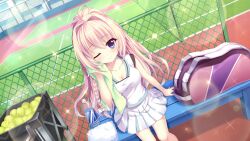 Rule 34 | 1girl, ahoge, bag, ball, blonde hair, blue eyes, bottle, braid, breasts, building, chain-link fence, cleavage, closed mouth, collarbone, day, dot nose, dutch angle, fence, film grain, from above, game cg, green towel, holding, holding towel, izumi tsubasu, lens flare, long braid, long hair, looking at viewer, medium breasts, mole, mole under each eye, mole under eye, multiple moles, non-web source, official art, on bench, one eye closed, outdoors, re:stage!, shiratori amaha (re:stage!), single braid, sitting, skirt, smile, solo, sparkle, sportswear, sunlight, sweat, tennis ball, tennis court, tennis net, tennis uniform, towel, water bottle, white skirt, white towel, wiping sweat