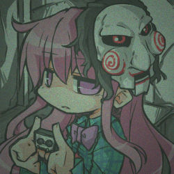 Rule 34 | 1girl, billy the puppet, bow, expressionless, hata no kokoro, kureha mitsushige, long hair, long sleeves, mask, mouth mask, pink eyes, pink hair, saw (movie), shirt, solo, touhou, upper body, very long hair, wide sleeves