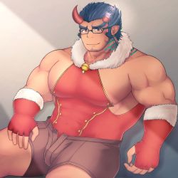 Rule 34 | 1boy, bara, bare shoulders, beard, black-framed eyewear, blue hair, broken horn, brown shorts, bulge, christmas, covered abs, dark blue hair, demon boy, demon horns, facial hair, fang, fiery horns, fur-trimmed sleeves, fur trim, glasses, highres, horns, jewelry, large pectorals, long sideburns, looking at viewer, male focus, mature male, mono (3436234), muscular, muscular male, necklace, nipple slip, nipples, official alternate costume, open fly, pectorals, santa costume, short hair, shorts, sideburns, sidepec, sitting, smile, solo, stubble, takemaru (housamo), thick eyebrows, thick thighs, thighs, tokyo houkago summoners