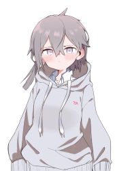 Rule 34 | 1girl, blush, breasts, closed mouth, collared shirt, commentary, drawstring, girls&#039; frontline, grey hair, grey hoodie, hair between eyes, highres, hood, hood down, hoodie, long hair, long sleeves, looking at viewer, m200 (girls&#039; frontline), purple eyes, shirt, simple background, small breasts, solo, tosyeo, white background, white shirt