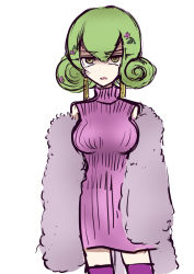 1girl artist_request bare_shoulders breasts digimon digimon_story:_cyber_sleuth earrings green_eyes green_hair jewelry kishibe_rie medium_breasts simple_background solo standing sweater thighhighs