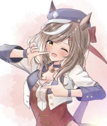 Rule 34 | 1girl, animal ears, blush, bracelet, breasts, brown hair, choker, cleavage, commentary request, cropped jacket, hagina, hair ornament, hair ribbon, hairclip, hat, highres, horse ears, horse girl, jewelry, long hair, long sleeves, looking at viewer, matikane tannhauser (umamusume), multicolored hair, one eye closed, ribbon, solo, starting future (umamusume), sweat, two-tone hair, umamusume, upper body, white hair, yellow eyes