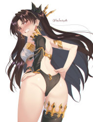 Rule 34 | 1girl, angry, armlet, ass, asymmetrical legwear, asymmetrical sleeves, back, black bow, black hair, black panties, black thighhighs, blush, bow, crown, detached sleeves, earrings, elbow gloves, fate/grand order, fate (series), gloves, gold trim, hair bow, hands on own hips, highres, hoop earrings, ishtar (fate), jewelry, kabocha (monkey4), looking at viewer, looking back, neck ring, panties, parted bangs, red eyes, signature, simple background, single detached sleeve, single elbow glove, single sleeve, single thighhigh, solo, teeth, thighhighs, tiara, two side up, underwear, uneven legwear, uneven sleeves, white background