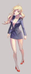 Rule 34 | 1girl, bad id, bad pixiv id, blonde hair, blue eyes, breasts, cleavage, formal, hidezi, high heels, highres, jacket, legs, lips, long hair, long legs, medium breasts, miniskirt, no bra, office lady, original, pencil skirt, pigeon-toed, popped collar, red footwear, shirt, shoes, skirt, skirt suit, solo, suit, thighs, unbuttoned, walking