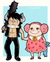 Rule 34 | &gt;:(, aged down, belt buckle, black eyes, black footwear, black hair, black jacket, black pants, blush stickers, buckle, charlotte linlin, child, choshika, club, club (weapon), demon horns, denim, double bun, dress, eyelashes, fat, freckles, frilled dress, frills, frown, hair bun, holding, holding club, holding hands, holding stuffed toy, horns, jacket, jeans, kaidou (one piece), kanabou, looking at another, neck ribbon, open clothes, open jacket, over shoulder, pants, polka dot, polka dot dress, red eyes, red footwear, ribbon, scarf, short hair, smile, spiked club, stuffed animal, stuffed rabbit, stuffed toy, triangle nose, v-shaped eyebrows, weapon, weapon over shoulder, white scarf, yellow ribbon