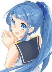 Rule 34 | 1girl, alternate hairstyle, blue eyes, blue hair, commentary request, from behind, kantai collection, long hair, looking at viewer, looking back, makinoki, own hands together, ponytail, sailor collar, samidare (kancolle), school uniform, serafuku, simple background, solo, very long hair