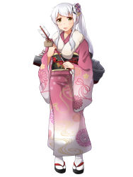 Rule 34 | 10s, 1girl, :d, alternate costume, alternate hairstyle, arrow (projectile), brown eyes, ema, full body, fur collar, hair ornament, hamaya, holding, kantai collection, long hair, looking at viewer, machinery, open mouth, ponytail, shoukaku (kancolle), simple background, smile, solo, white background, white hair, yukimi unagi