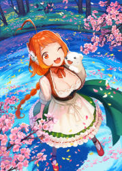 Rule 34 | 1girl, ;d, ahoge, animal, animal on shoulder, arm at side, bear, braid, braided ponytail, breasts, cherry blossoms, cleavage, dress, fisheye, forest, frills, from above, hairband, kururi, lace hairband, large breasts, legs apart, long hair, looking at viewer, low ponytail, nature, official art, one eye closed, open mouth, orange hair, outdoors, petals, polar bear, puffy short sleeves, puffy sleeves, red eyes, red footwear, red neckwear, ribbon-trimmed skirt, ribbon trim, ripples, shadow, shirokuma tensei, shoes, short sleeves, single braid, smile, solo, standing, standing on liquid, sweatdrop, water, white dress