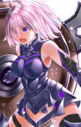 Rule 34 | 1girl, absurdres, ahoge, armor, armpits, ayakase hotaru, black leotard, clothing cutout, elbow gloves, fate/grand order, fate (series), faulds, gloves, groin, hair between eyes, hair over one eye, highres, holding, holding shield, leotard, light purple hair, mash kyrielight, midriff, navel, navel cutout, open mouth, purple eyes, shield, short hair, simple background, skindentation, solo, tagme, thigh strap, thighs, white background