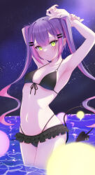 Rule 34 | 1girl, absurdres, armpits, bikini, black bikini, blush, breasts, cleavage, collarbone, colored inner hair, demon girl, demon tail, front-tie bikini top, front-tie top, gradient hair, green eyes, hair ornament, hairclip, highres, hololive, long hair, looking at viewer, multicolored hair, navel, nyarome (nyaromeart), piercing, pink hair, pointy ears, purple hair, small breasts, solo, streaked hair, swimsuit, tail, tail ornament, tail piercing, tokoyami towa, twintails, virtual youtuber