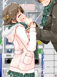 Rule 34 | 10s, 1boy, 1girl, :d, ^ ^, admiral (kancolle), blush, brown coat, brown hair, closed eyes, closed mouth, coat, from side, fur trim, green scarf, hairband, hiei (kancolle), hood, hooded coat, kanoe soushi, kantai collection, long sleeves, open mouth, outdoors, pink coat, plaid, plaid skirt, pleated skirt, profile, runny nose, scarf, short hair, sideways mouth, skirt, smile, snot, snow, snowing, standing, translated, winter clothes, wiping nose