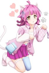 Rule 34 | 1girl, ahoge, animal ears, blue thighhighs, blunt bangs, blunt ends, cat ears, cat tail, chestnut mouth, collarbone, commentary request, expressionless, fake animal ears, fake tail, flat chest, garter straps, hair ribbon, hands up, heart, highres, jacket, kinnikku, kneeling, light blush, long sleeves, looking at viewer, love live!, love live! nijigasaki high school idol club, navel, open clothes, open jacket, paw pose, paw print, pink footwear, pink hair, pink jacket, pink skirt, pleated skirt, ribbon, shirt, shoes, short hair, sidelocks, single thighhigh, skirt, sneakers, solo, stomach, strapless, tail, tennoji rina, thigh strap, thighhighs, thighs, tube top, white background, white leg warmers, white shirt, yellow eyes