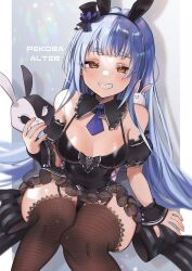 Rule 34 | 1girl, animal ears, bare shoulders, black collar, black dress, black thighhighs, blue hair, blue necktie, blush, breasts, center frills, collar, detached collar, detached sleeves, don-chan (usada pekora), dress, fake animal ears, fishnet thighhighs, fishnets, frilled collar, frilled skirt, frilled sleeves, frills, garter straps, grin, hat, highres, holding, holding mask, hololive, lace, lace-trimmed thighhighs, long hair, looking at viewer, mask, medium breasts, mini hat, necktie, official alternate costume, orange eyes, rabbit ears, rabbit mask, short eyebrows, short sleeves, siose tamotsu, sitting, skirt, smile, solo, thick eyebrows, thighhighs, top hat, usada pekora, usada pekora (furi furi bunny dress), very long hair, virtual youtuber, wide hips, wrist cuffs