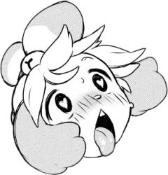 Rule 34 | 1girl, ahegao, animal crossing, furry, furry female, hair ornament, heart, heart-shaped pupils, isabelle (animal crossing), lowres, monochrome, neocoill, nintendo, open mouth, short hair, simple background, solo, sweat, symbol-shaped pupils, tongue, tongue out
