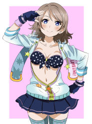 Rule 34 | 10s, 1girl, bikini, black gloves, blue eyes, blush, breasts, brown hair, cleavage, closed mouth, collarbone, fingerless gloves, front-tie top, gloves, highres, jacket, long sleeves, looking at viewer, love live!, love live! school idol festival, love live! sunshine!!, medium breasts, miniskirt, navel, okuba, open clothes, open jacket, pleated skirt, salute, short hair, skirt, smile, solo, swimsuit, thighhighs, unzipped, watanabe you, zipper