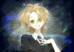 Rule 34 | 1boy, black jacket, black necktie, brown nails, chinese commentary, collared shirt, colored eyelashes, commentary request, eyes visible through hair, gem uniform (houseki no kuni), green eyes, hand on own chest, highres, houseki no kuni, jacket, light brown hair, looking at viewer, male focus, necktie, parted bangs, puffy short sleeves, puffy sleeves, saibou shinkyoku, sanwei16909, shinano eiji, shirt, short hair, short sleeves, smile, solo, white shirt