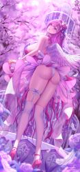 Rule 34 | 1girl, absurdres, angel wings, ass, breasts, cherry blossoms, dated, dorothy (nikke), dorothy (nostalgia) (nikke), dress, eeyoosekedooaat, frilled dress, frills, from behind, goddess of victory: nikke, hair bun, hair ornament, high heels, highres, kneehighs, large breasts, long hair, official alternate costume, panties, pantyshot, pink dress, pink footwear, pink hair, pink theme, purple eyes, socks, solo, thigh strap, twitter username, underwear, white panties, wings