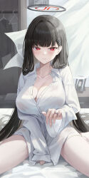 Rule 34 | 1girl, absurdres, black hair, blue archive, breasts, bright pupils, cleavage, highres, large breasts, long sleeves, looking at viewer, red eyes, rio (blue archive), shirt, slime nyang, solo, white pupils, white shirt