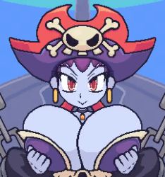 Rule 34 | 1boy, 1girl, animated, animated gif, bra, breasts, breasts out, cum, cum in mouth, gradient background, hetero, huge breasts, nipples, open clothes, paizuri, pixel art, pov, puffy nipples, purple hair, red eyes, risky boots, shantae (series), simple background, solo focus, uncensored, underwear, wonster-chan