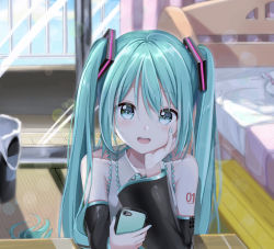 Rule 34 | 1girl, aqua eyes, aqua hair, aqua nails, aqua necktie, arm support, balcony, bare shoulders, bed, bedroom, black sleeves, blanket, blush, cellphone, collarbone, day, detached sleeves, grey shirt, hair ornament, hand on own cheek, hand on own face, hatsune miku, head rest, holding, holding phone, indoors, light blush, long hair, looking at viewer, nail polish, necktie, open mouth, phone, shirt, shoulder tattoo, sleeveless, sleeveless shirt, smartphone, smile, solo, table, tattoo, trash can, tsukiringo, twintails, very long hair, vocaloid, window