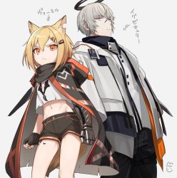Rule 34 | 1boy, 1girl, :&lt;, animal ears, arknights, black gloves, black shorts, blonde hair, blouse, cloak, crop top, crop top overhang, executor (arknights), feb itk, fingerless gloves, fox ears, fox girl, fox tail, frown, gloves, grey hair, groin, hair ornament, hairclip, halo, hood, hood down, hooded cloak, jacket, looking at viewer, material growth, midriff, navel, notched ear, orange eyes, oripathy lesion (arknights), pants, prosthesis, prosthetic arm, scar, shirt, short hair, short shorts, shorts, side-by-side, single glove, sleeveless, sleeveless shirt, standing, stomach, tail, thighs, torn clothes, torn shirt, v-shaped eyebrows, vermeil (arknights), white jacket, white shirt