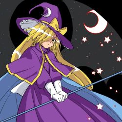 Rule 34 | 1girl, blonde hair, bow, buttons, capelet, demon wings, dress, gloves, hair over one eye, hat, hat bow, holding, holding staff, kaigen 1025, kirisame marisa, kirisame marisa (pc-98), long hair, long sleeves, purple capelet, purple dress, purple hat, solo, staff, starry moon, touhou, touhou (pc-98), white gloves, wings, witch hat, yellow bow, yellow eyes