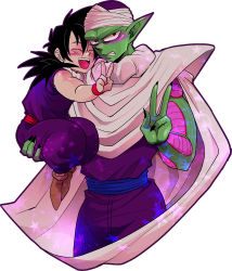 Rule 34 | angry, black hair, cape, colored skin, dragon ball, fang, green skin, open mouth, piccolo, pointy ears, simple background, smile, son gohan, star (symbol), uniform, v