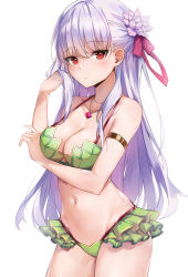 Rule 34 | 1girl, absurdres, arm under breasts, armlet, bare shoulders, bikini, blush, breasts, cleavage, closed mouth, collarbone, cowboy shot, fate/grand order, fate (series), flower, frilled bikini, frills, green bikini, hair flower, hair ornament, hair ribbon, hand in own hair, hand up, highres, hosh, jewelry, kama (fate), kama (swimsuit avenger) (fate), kama (swimsuit avenger) (second ascension) (fate), looking at viewer, medium breasts, navel, necklace, pink flower, pink ribbon, purple hair, red eyes, revision, ribbon, solo, stomach, swimsuit